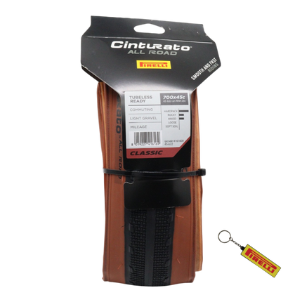 Pirelli Cinturato All Road Classic 45-622 (700x45c) Tan Wall Gravel Tire - Classic Skinwall Bicycle Tire with Keychain