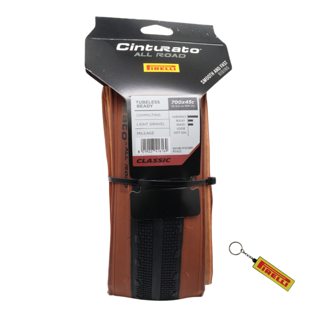 Pirelli Cinturato All Road Classic 45-622 (700x45c) Tan Wall Gravel Tire - Classic Skinwall Bicycle Tire with Keychain