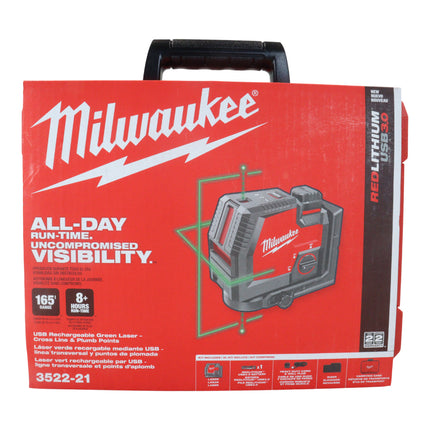 Milwaukee 3522-21 Green 100 ft. Cross Line and Plumb Points Rechargeable Laser Level with REDLITHIUM Lithium-Ion USB Battery and Charger