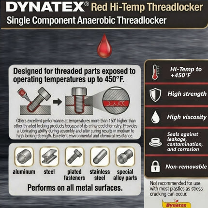 Dynatex Red Hi-Temp Threadlocker 1.22 oz Bottle - Up to 450 Degrees F, Medium-High Strength, Anaerobic, Extreme Heat & Chemical Resistant (3-Pack)