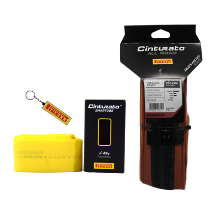 Pirelli Cinturato All Road Classic 35-622 Tan Wall Gravel Tire + SmarTUBE 33/45-622 Presta 60mm TPU Tube - Bundle with Keychain
