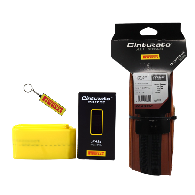 Pirelli Cinturato All Road Classic 35-622 Tan Wall Gravel Tire + SmarTUBE 33/45-622 Presta 60mm TPU Tube - Bundle with Keychain