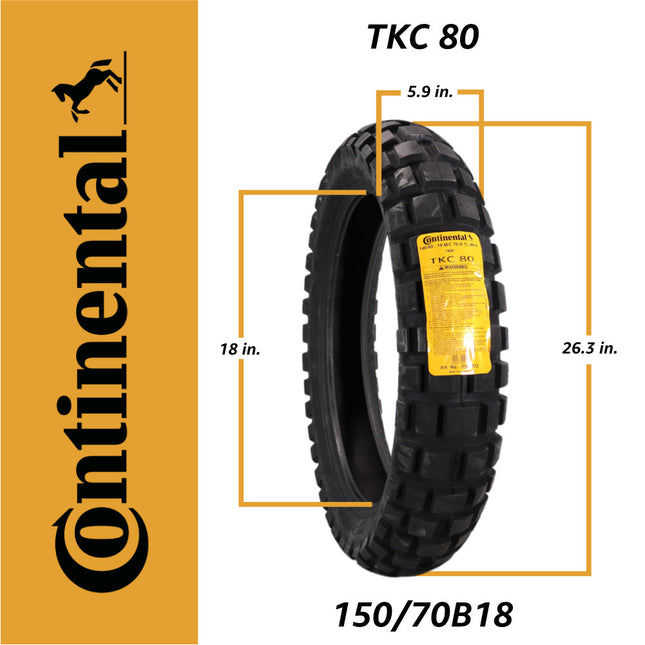 Continental TKC 80 150/70B18 M/C 70Q TL Twinduro Rear Motorcycle Tire, VDual Sport Adventure Tire, Tubeless Blackwall, On/Off-Road, Open block tread design, Mud and Snow Rating