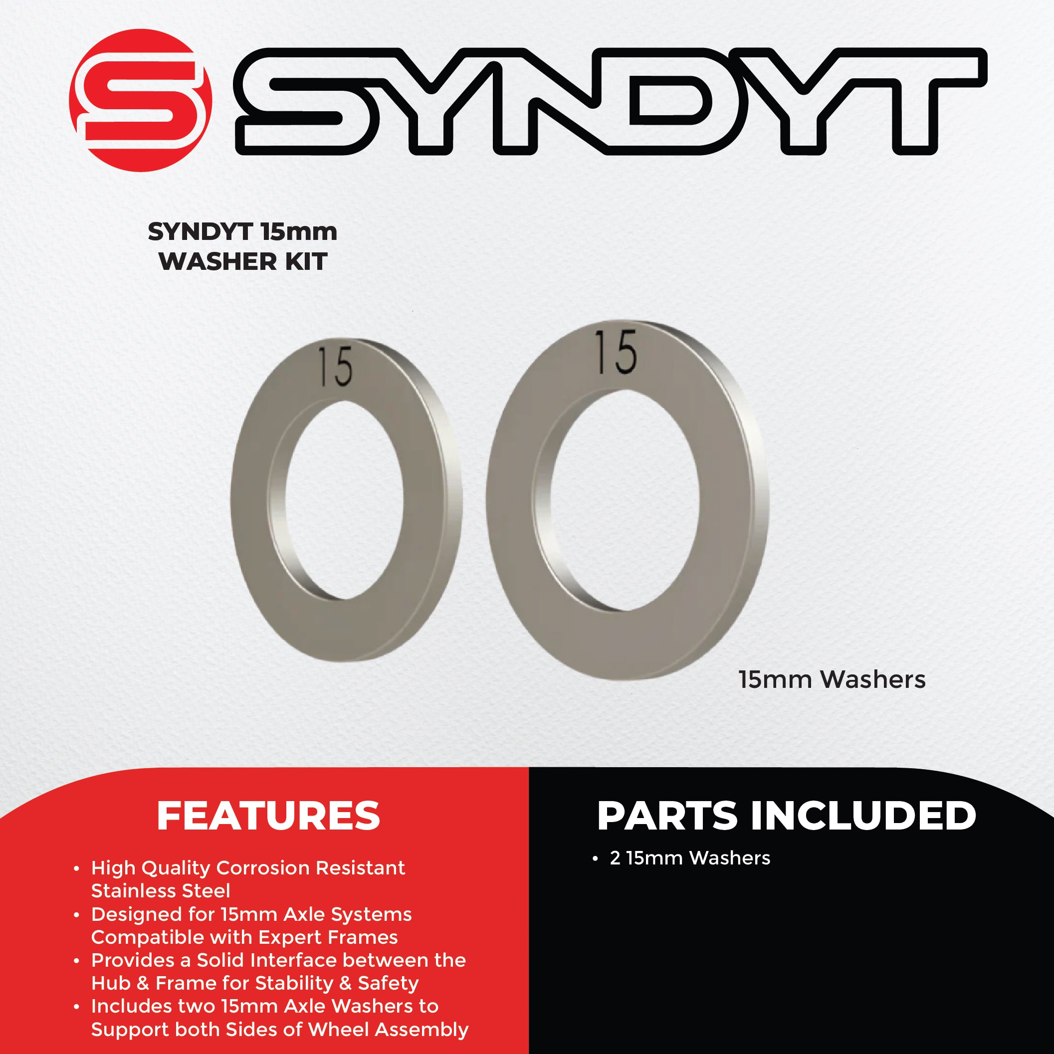 Syndyt Expert 15mm Stainless Steel Axle Washer Kit for 15mm Through Axle Syndyt BMX Bike Systems, Includes 2 Washers