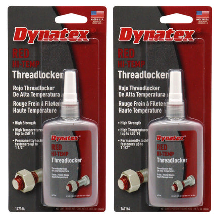 Dynatex Red Hi-Temp Threadlocker 1.22 oz Bottle - Up to 450 Degrees F, Medium-High Strength, Anaerobic, Extreme Heat & Chemical Resistant (2-Pack)