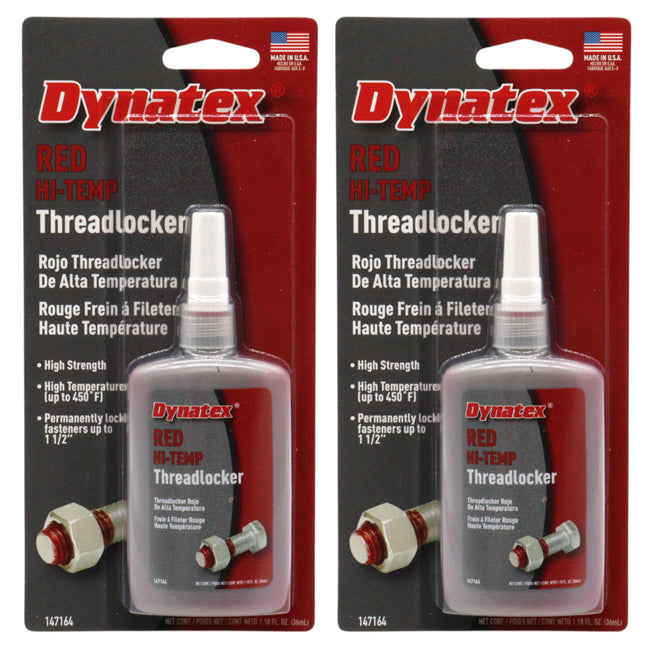 Dynatex Red Hi-Temp Threadlocker 1.22 oz Bottle - Up to 450 Degrees F, Medium-High Strength, Anaerobic, Extreme Heat & Chemical Resistant (2-Pack)