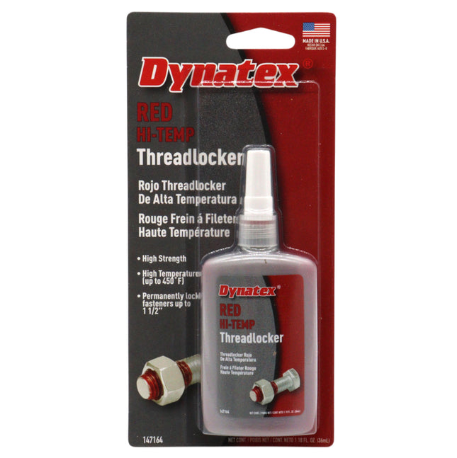 Dynatex Red Hi-Temp Threadlocker 1.22 oz Bottle - Up to 450 Degrees F, Medium-High Strength, Anaerobic, Extreme Heat & Chemical Resistant (Single)