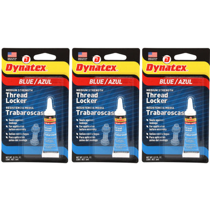 Dynatex Blue Medium Strength Threadlocker 0.20 oz Bottle - Removable with Hand Tools, Locks Fasteners on Metal, Vibration Resistant, Solvent Resistant (3-Pack)