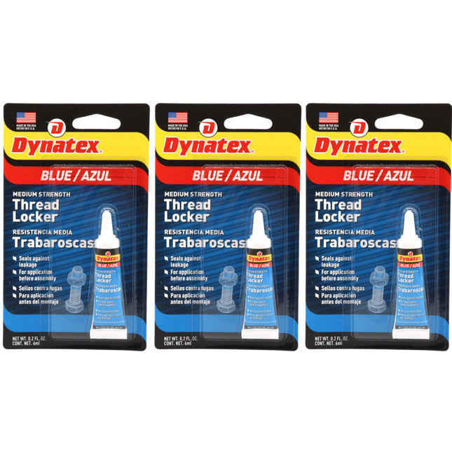 Dynatex Blue Medium Strength Threadlocker 0.20 oz Bottle - Removable with Hand Tools, Locks Fasteners on Metal, Vibration Resistant, Solvent Resistant (3-Pack)
