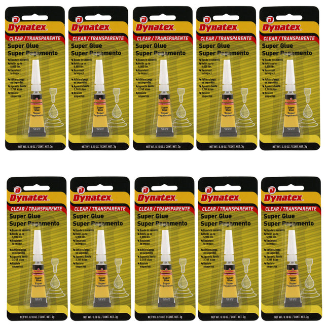 Dynatex .10 oz Super Glue Instant Adhesive - Bonds Glass Metal Plastic Rubber, 5000 PSI Strength, Clear Bond, Up to 175 Degrees F, Stronger Than Standard (10-Pack)