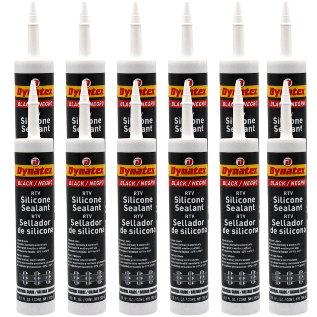 Dynatex Industrial Grade Black Silicone Sealant 10.1 oz Caulk Tube - Tough Flexible Cure, Watertight Seal, Up to 500°F, Made in the USA (12-Pack)