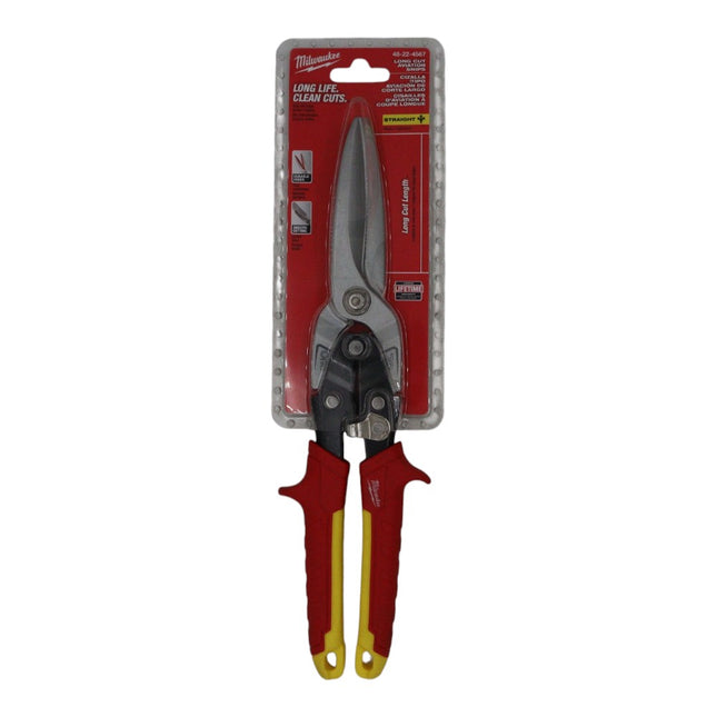 Milwaukee 48-22-4567 11.5 in. Long Straight-Cut Aviation Snips, Forged Laser-Hardened Serrated Blades, 3 in. Cut Length, Bolt Lock, Chrome-Plated, One-Hand Lock, Color-Coded Handles