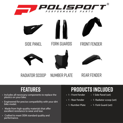 Polisport 91632 Restyling Kit for Kawasaki KX125 & KX250 2003-2008 2024 Style Black – Complete Bodywork Set with Fenders, Radiator Scoops, Side Panels, Fork Guards and Front Number Plate