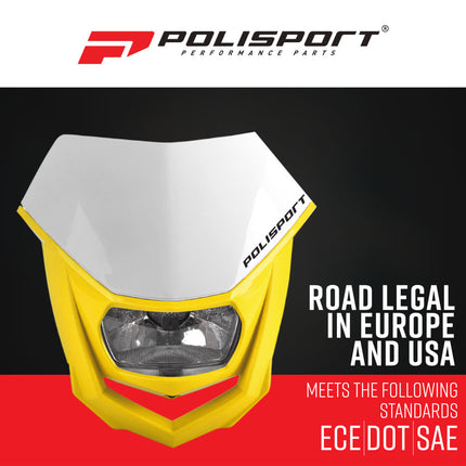 Polisport 8657400037 HALO Universal Dirt Bike Headlight, DOT ECE SAE Road Legal Dual Sport Motocross Mask Assembly with Halogen Lamp and Mounting Straps, White/Yellow