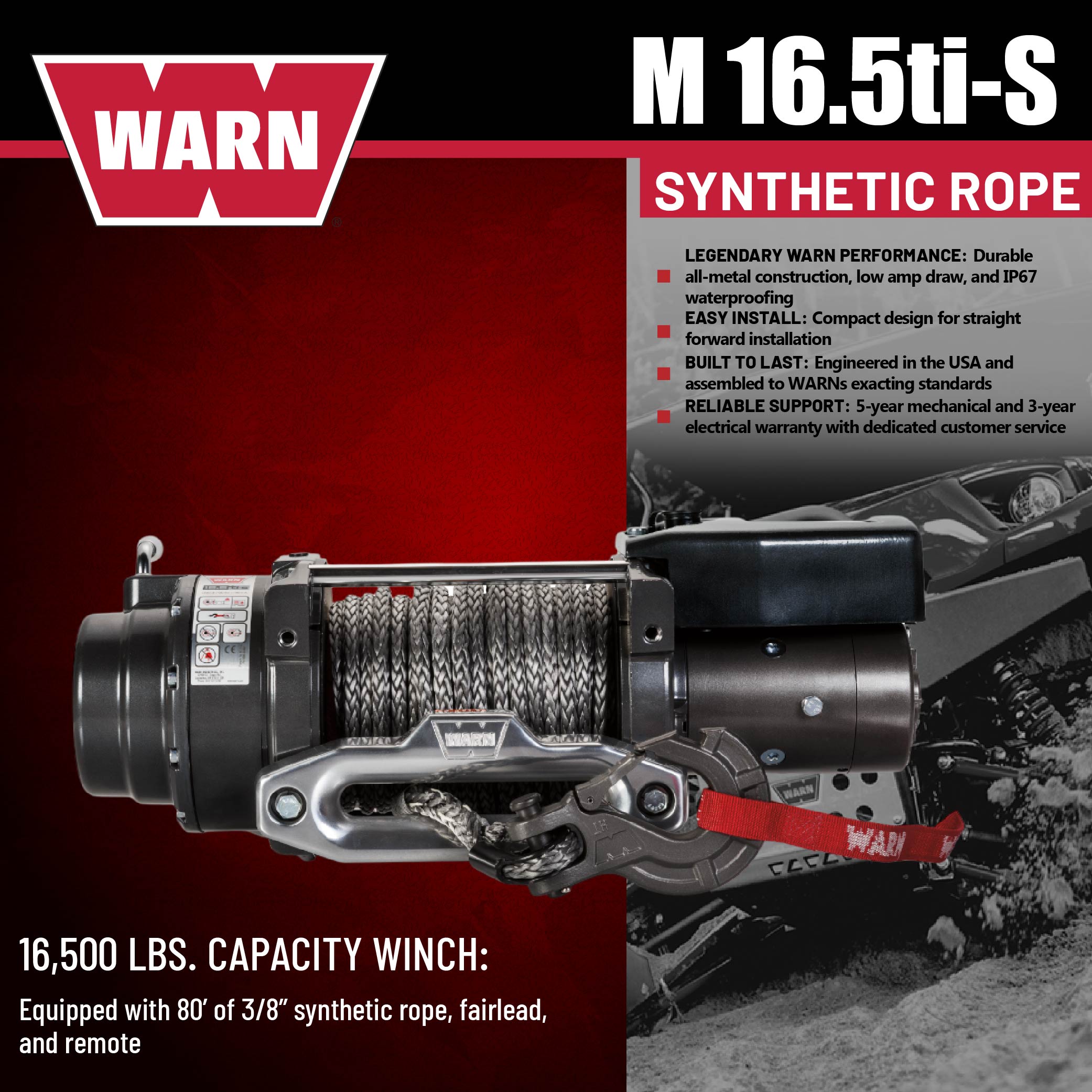 WARN 97740 16.5TI-S Electric 12V Heavyweight Winch with Spydura Pro Synthetic Cable Rope: 3/8" Diameter x 80' Length, 8.25 Ton (16,500 lb) Pulling Capacity