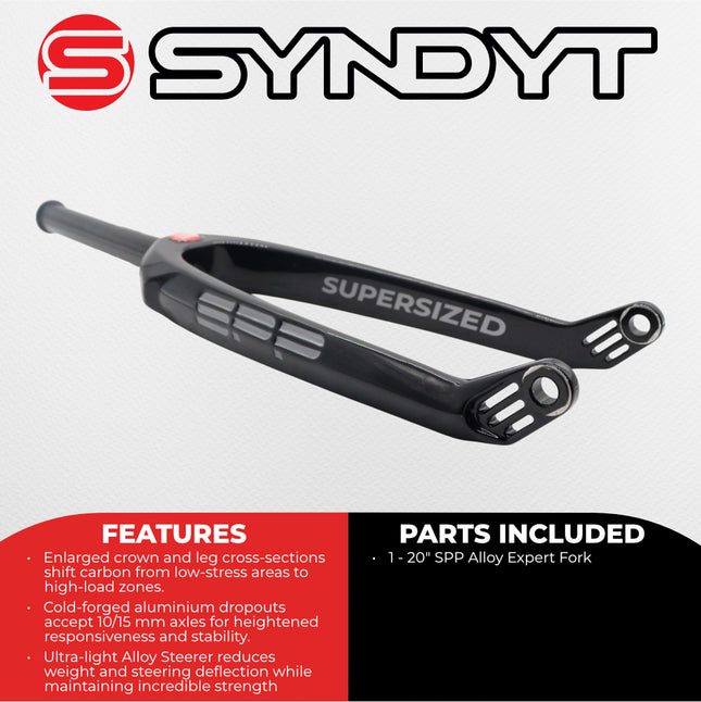Syndyt SPP Supersized Ultra-High Modulus Carbon Fiber Expert Forks - Black Alloy (20 inch) - Fork Offset 32 mm - 1″ steerer tapering to 1 1/8″; Alloy Steerer Extruded and CNC‑Machined