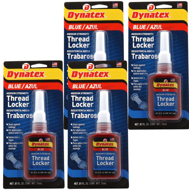 Dynatex Blue Medium Strength Threadlocker 0.81 oz Bottle - Removable with Hand Tools, Locks Fasteners on Metal, Vibration Resistant, Solvent Resistant (4-pack)
