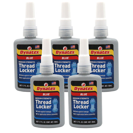 Dynatex Blue Medium Strength Threadlocker 1.69 oz Bottle - Removable with Hand Tools, Locks Fasteners on Metal, Vibration Resistant, Solvent Resistant (5-Pack)