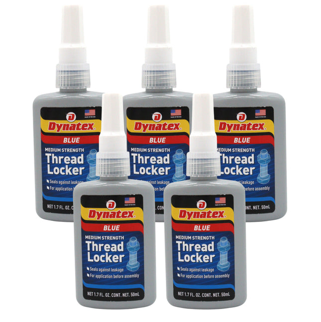 Dynatex Blue Medium Strength Threadlocker 1.69 oz Bottle - Removable with Hand Tools, Locks Fasteners on Metal, Vibration Resistant, Solvent Resistant (5-Pack)