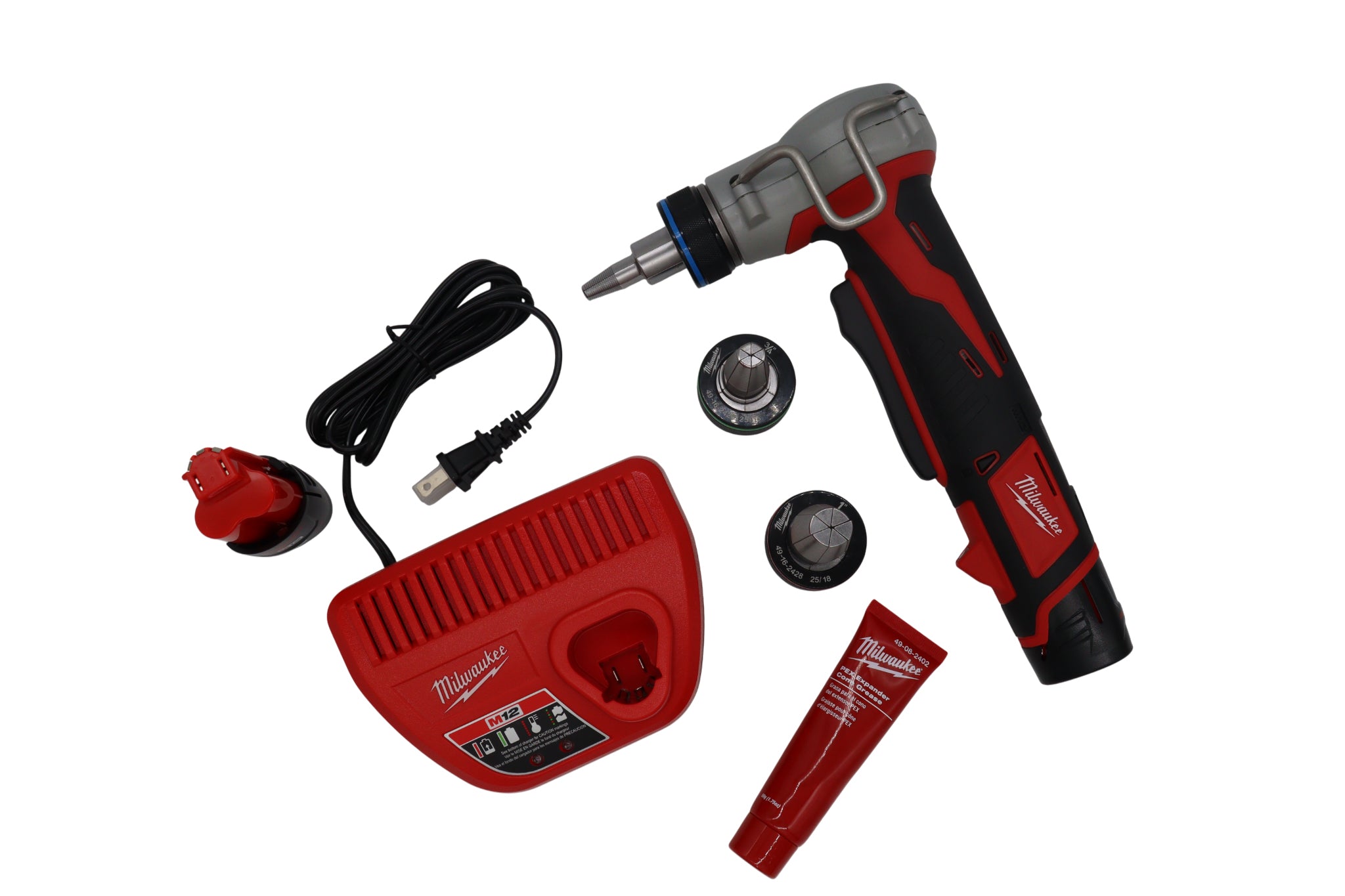 Milwaukee M12 Cordless PEX Expander Kit – 12V Lithium-Ion Auto-Rotating PEX-A/F1960 Expansion Tool with 1/2", 3/4", 1" Expansion Heads, Expander Grease, Hard Case, Charger, M12 REDLITHIUM Battery (x2)