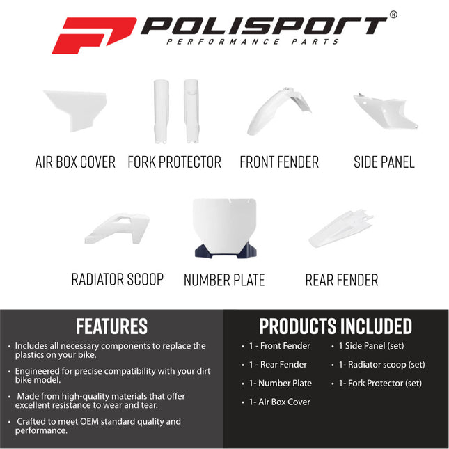 Polisport 91643 Full Plastic Kit – Fits Husqvarna TC/FC 2025→ – OEM‑Style Bodywork with Fenders, Panels, Radiator Scoops, Number Plate, Airbox Cover & Fork Guards – White