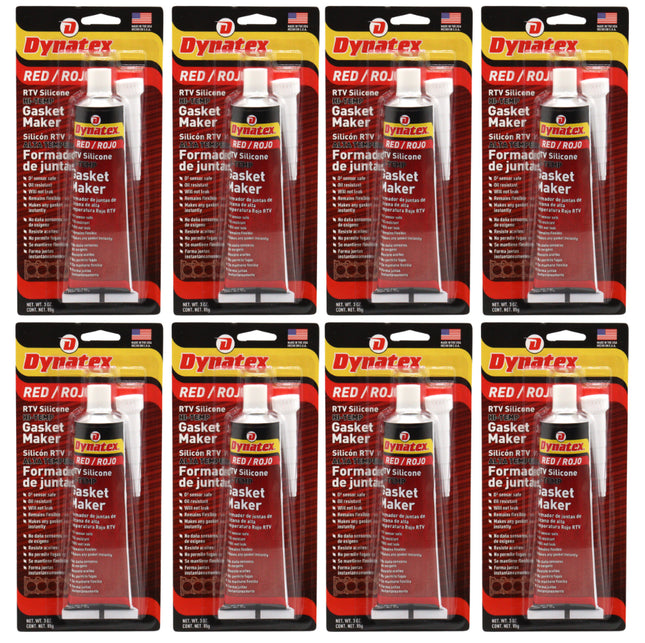 Dynatex Red Hi-Temp RTV Silicone Gasket Maker 3 oz Tube - Oxygen Sensor Safe, OEM Specs, 650°F Hi-Temp, Oil/Water Resistant, Made in the USA (8-Pack)