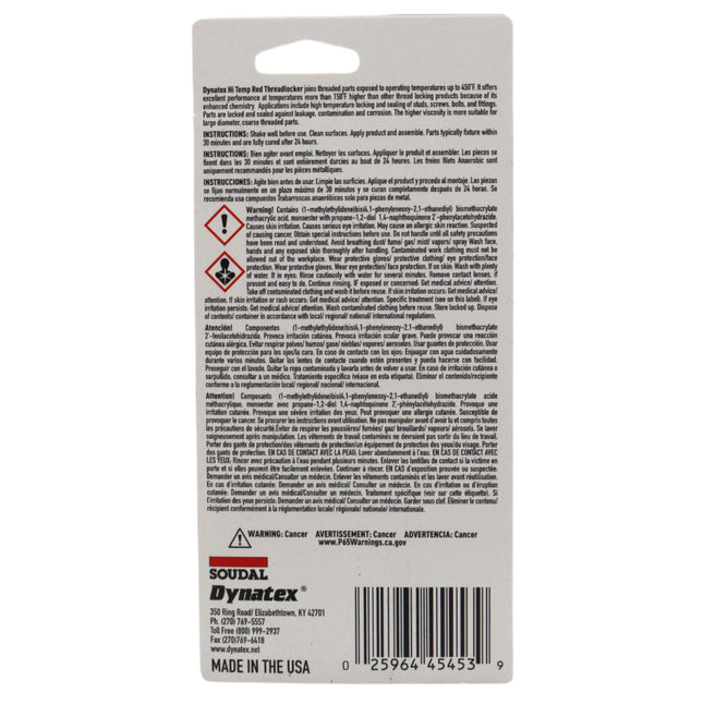 Dynatex Red Hi-Temp Threadlocker 1.22 oz Bottle - Up to 450 Degrees F, Medium-High Strength, Anaerobic, Extreme Heat & Chemical Resistant (4-Pack)
