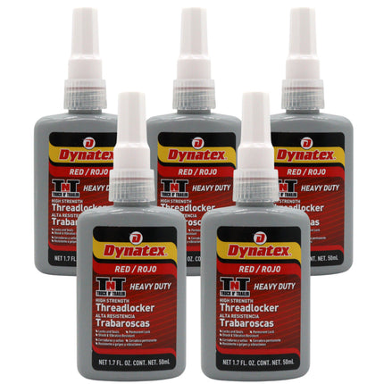 Dynatex Red High Strength Threadlocker 1.70 oz Bottle - Permanent Lock, Anaerobic, Large Fasteners, Vibration & Solvent Resistant (5-Pack)
