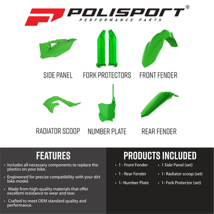 Polisport MX Full Plastic Kit – Fits Kawasaki KX250F 21–23 & KX450F 19–23. Complete Replica Bodywork with Front & Rear Fenders, Radiator Scoops, Side Panels, Number Plate & Fork Guards. OEM Green