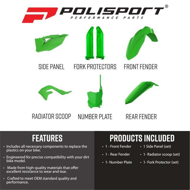 Polisport MX Full Plastic Kit – Fits Kawasaki KX250F 21–23 & KX450F 19–23. Complete Replica Bodywork with Front & Rear Fenders, Radiator Scoops, Side Panels, Number Plate & Fork Guards. OEM Green