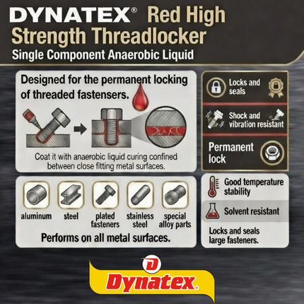 Dynatex Red High Strength Threadlocker 0.20 oz Bottle - Permanent Lock, Anaerobic, Large Fasteners, Vibration & Solvent Resistant (3-Pack)