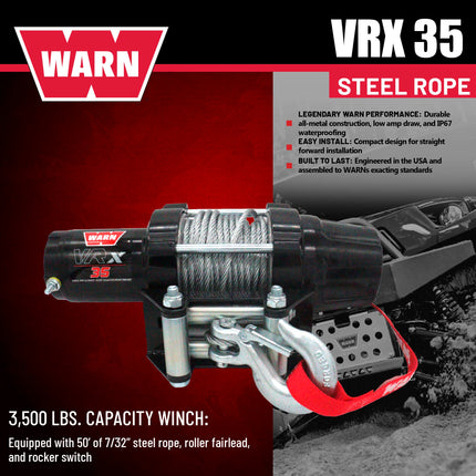 WARN VRX 35 Powersport Winch – 3,500 lb Pulling Capacity, Steel Rope, Sealed Motor, All-Metal Gear Train, Waterproof IP68 Design for ATV/UTV Recovery, Trail Riding & Utility Work