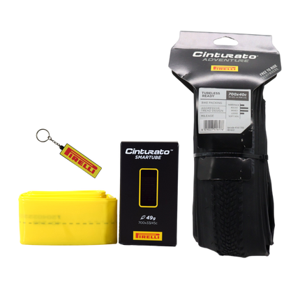 Pirelli Cinturato Adventure 40 622 (700x40c) Black Gravel Tire & Cinturato SmarTUBE 33/45 622 Presta 60mm TPU Tube with Keychain   Tubeless Ready Bundle