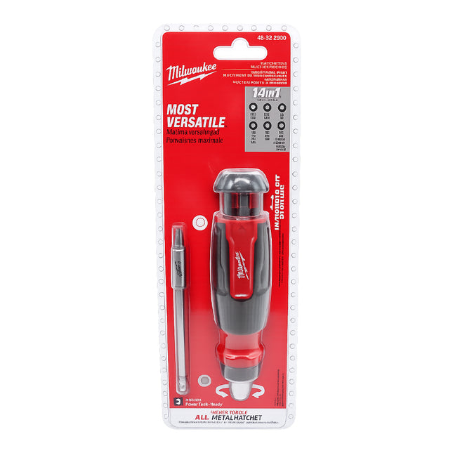 Milwaukee 14-in-1 Ratcheting Multi-Bit Screwdriver – Professional All-In-One Driver with 13 Bits + Nut Driver, Durable All-Metal Ratchet, In-Handle Bit Storage, 1/4″ Hex Power-Ready Bit Holder