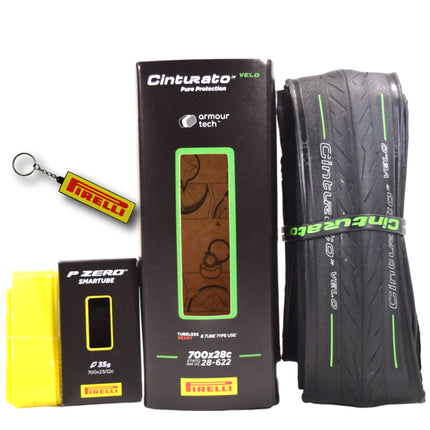 Pirelli Cinturato Velo TLR 28-622 (700 x 28c) Road Bicycle Tire & 23/32-622 Presta P ZERO SmarTUBE - Armour Tech, Clincher Type, Tubeless Ready Bike Tire with Keychain 700x28c