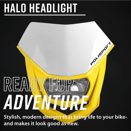 Polisport 8657400037 HALO Universal Dirt Bike Headlight, DOT ECE SAE Road Legal Dual Sport Motocross Mask Assembly with Halogen Lamp and Mounting Straps, White/Yellow