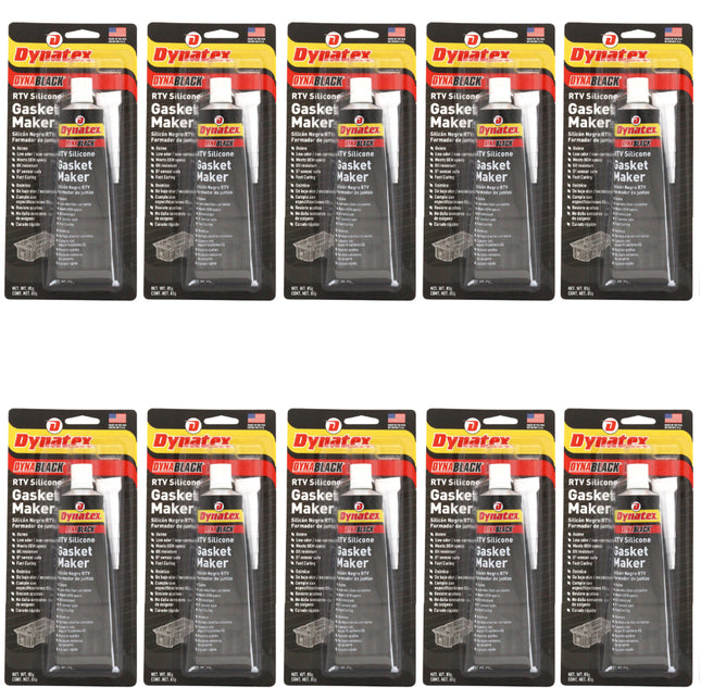 Dynatex DynaBlack RTV Silicone Gasket Maker 85g Tube - 500°F High Temperature, Sensor Safe, Low Odor, and Non-Corrosive Silicone Sealing Compound Made in the USA (10-Pack)
