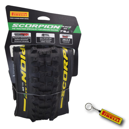Pirelli Scorpion Race Enduro T Yellow Label 63-622 (29x 2.5) MTB Bicycle Tire  - Designed for Traction and Mixed Terrains, 120x2TPI - Mountain Bike Tire w/Keychain