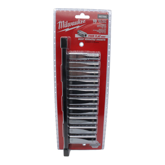 Milwaukee 10-Piece 3/8" Drive Metric Deep Well Socket Set with Four Flat Sides – Anti-Roll 6-Point Chrome Vanadium Sockets on Rail, Professional Mechanics Tool Set with Lifetime Guarantee