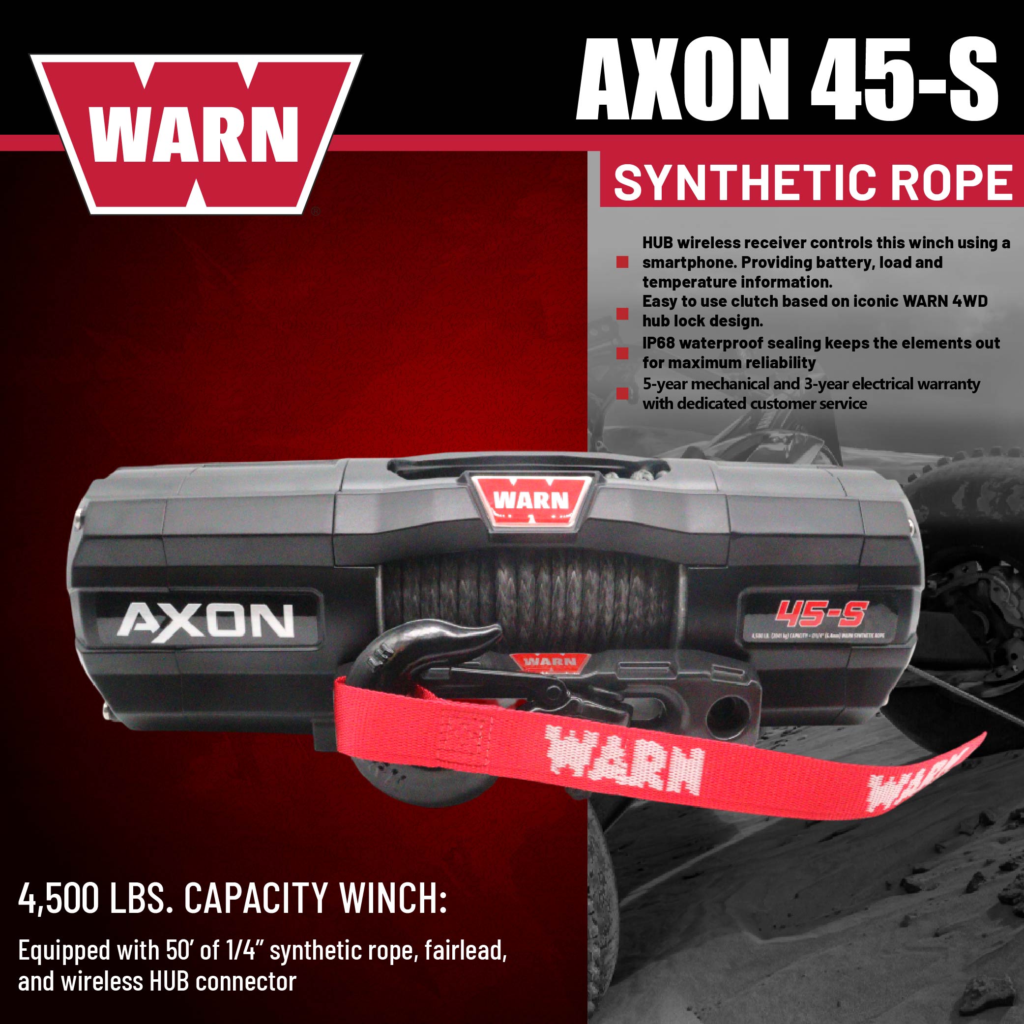 WARN AXON 45-S Powersport Winch – 4,500 lb Pulling Capacity, Synthetic Rope, Advanced Sealed Motor, IP68 Waterproof, All-Metal Gear Train for ATV/UTV Recovery, Trail Riding & Utility Work