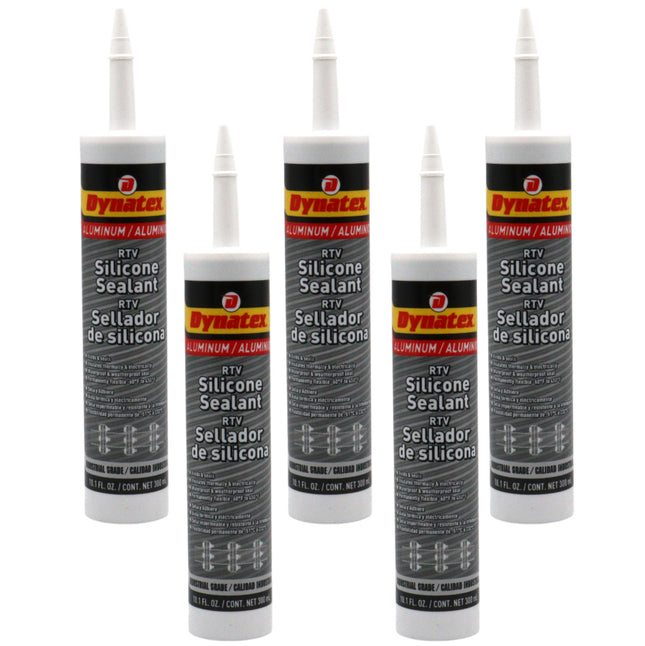 Dynatex Industrial Grade Aluminum Silicone Sealant 10.1 oz Caulk Tube - Tough Flexible Cure, Watertight Seal, Up to 500 Degrees F, Made in the USA (5-Pack)