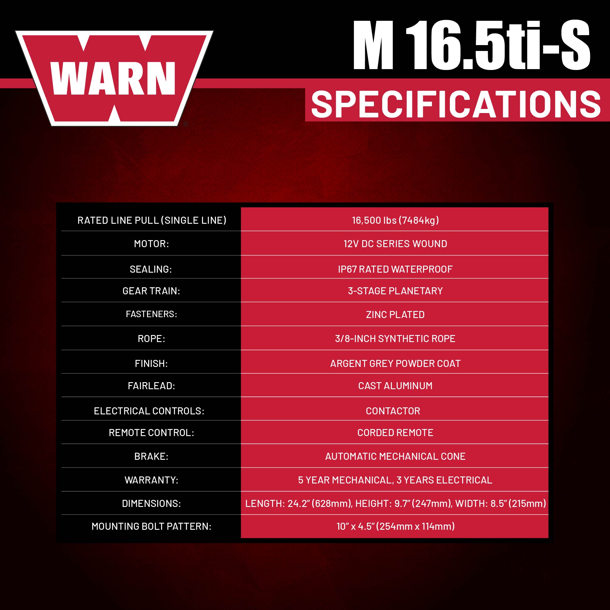 WARN 97740 16.5TI-S Electric 12V Heavyweight Winch with Spydura Pro Synthetic Cable Rope: 3/8" Diameter x 80' Length, 8.25 Ton (16,500 lb) Pulling Capacity