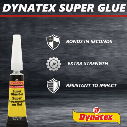 Dynatex 0.07 oz Super Glue Gel - No-Run Formula, Instant Bond, Bonds Metal Plastic Rubber Glass, Clear Permanent, Vertical Surfaces (48-Pack)
