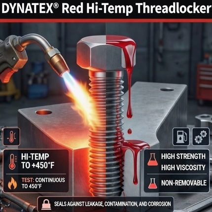 Dynatex Red Hi-Temp Threadlocker 1.22 oz Bottle - Up to 450 Degrees F, Medium-High Strength, Anaerobic, Extreme Heat & Chemical Resistant (2-Pack)