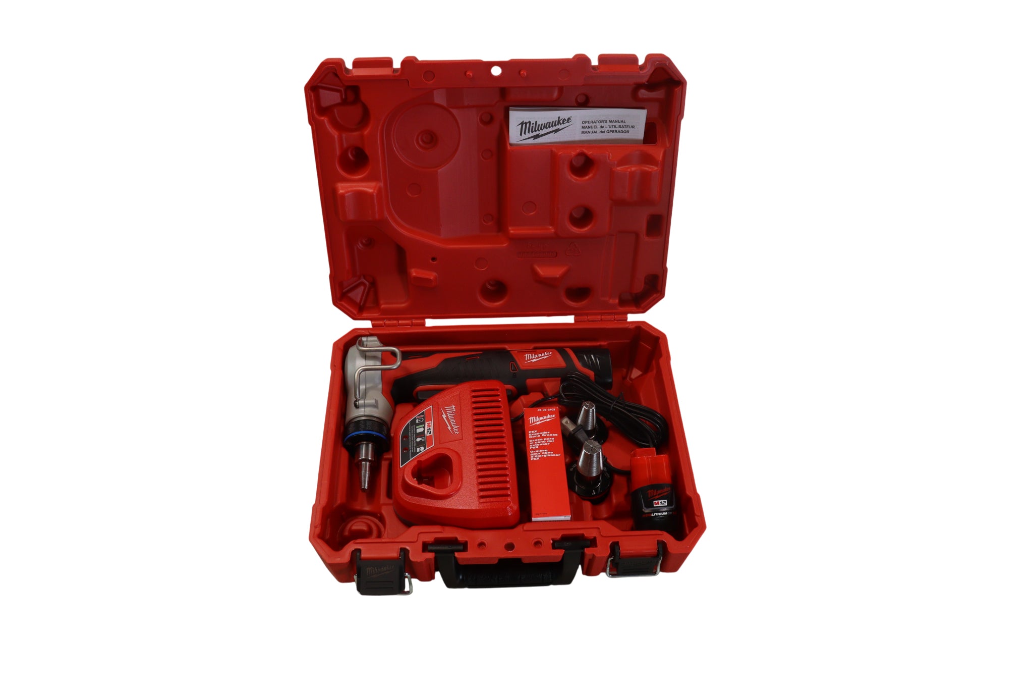 Milwaukee M12 Cordless PEX Expander Kit – 12V Lithium-Ion Auto-Rotating PEX-A/F1960 Expansion Tool with 1/2", 3/4", 1" Expansion Heads, Expander Grease, Hard Case, Charger, M12 REDLITHIUM Battery (x2)