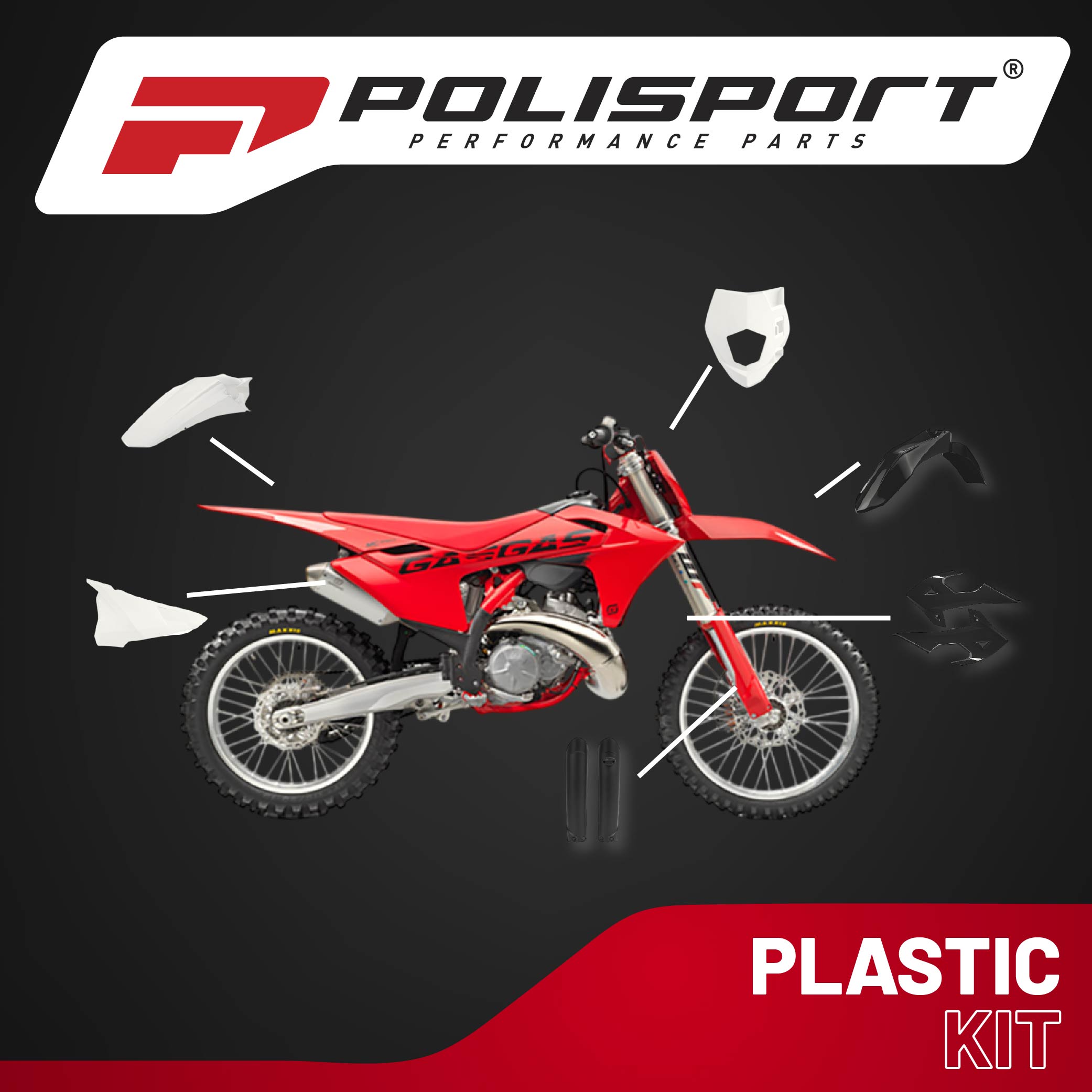Polisport Motocross (MX) Replica Plastic Kit for GASGAS MR250 & MR300 (2021–2025) Dirt Bike – OEM Quality, Durable, Flexible & Perfect Fit – Black/White