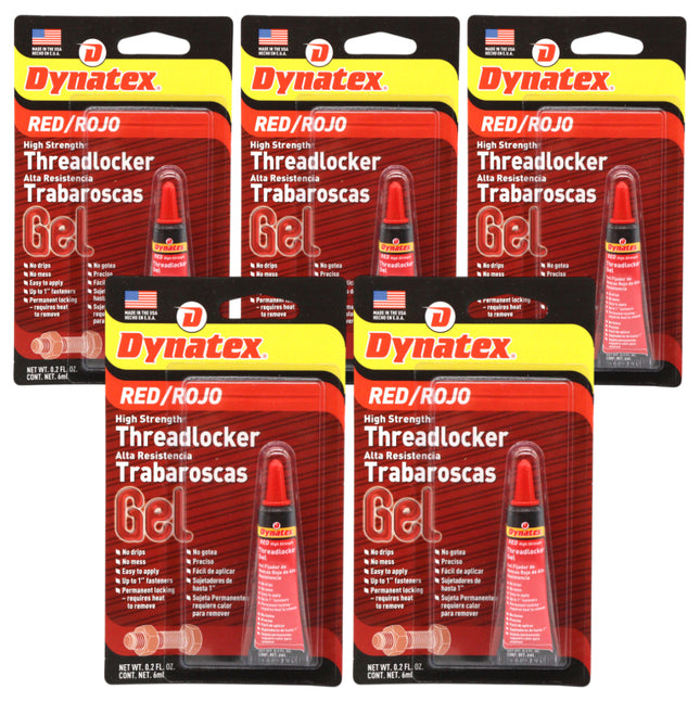 Dynatex Red High Strength Threadlocker 0.20 oz Bottle - Permanent Lock, Anaerobic, Large Fasteners, Vibration & Solvent Resistant (5-Pack)