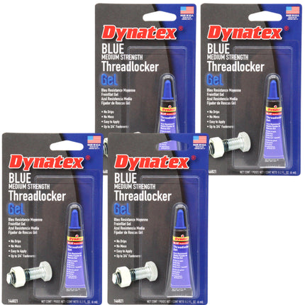 Dynatex Blue Medium Strength Gel Threadlocker 0.20 oz Bottle - Removable with Hand Tools, Locks Fasteners on Metal, Vibration Resistant, Solvent Resistant (4Pack)