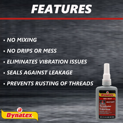 Dynatex Red High Strength Threadlocker 1.70 oz Bottle - Permanent Lock, Anaerobic, Large Fasteners, Vibration & Solvent Resistant (2-Pack)