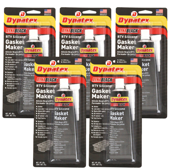 Dynatex DynaBlack RTV Silicone Gasket Maker 85g Tube - 500°F High Temperature, Sensor Safe, Low Odor, and Non-Corrosive Silicone Sealing Compound Made in the USA (5-Pack)